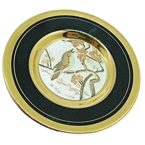 Dynasty Gallery The Art of Chokin Singing Bird Ring Holder Trinket Dish Plate 4" - Picture 1 of 8